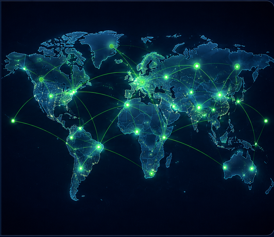 Global network of glowing connections across a world map