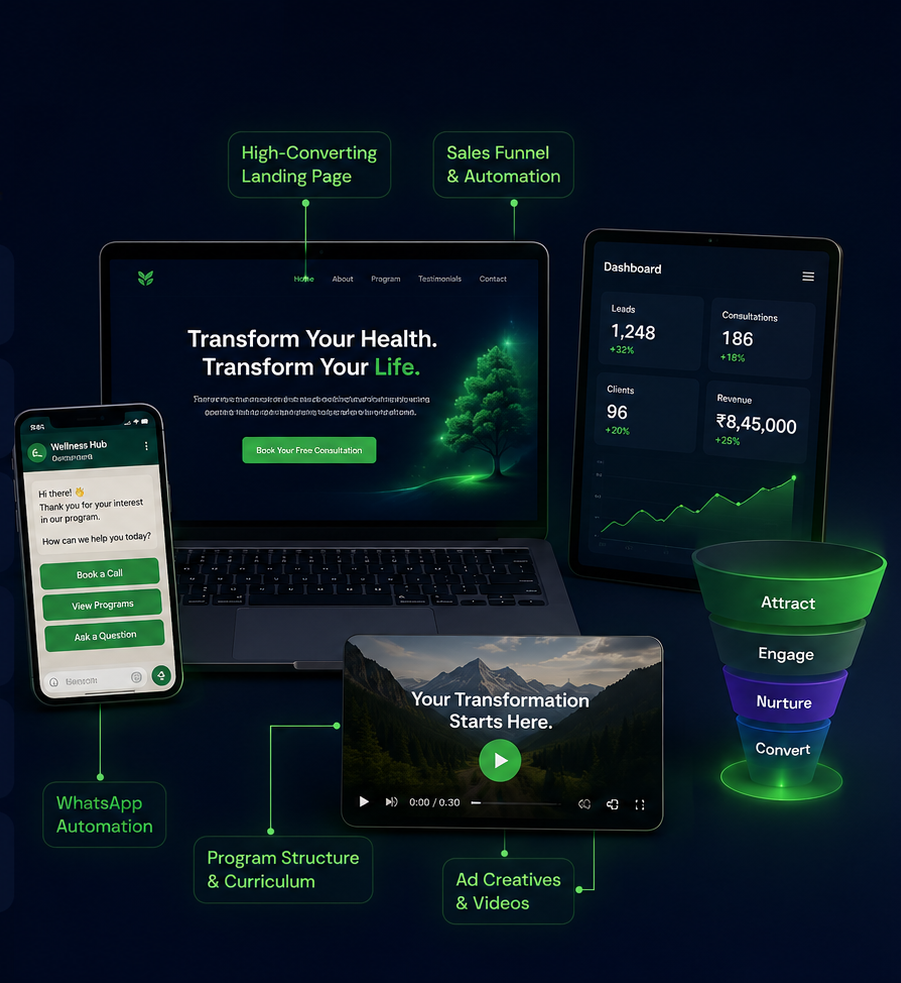 Landing page, funnel, dashboard, WhatsApp automation and ad creatives you will build