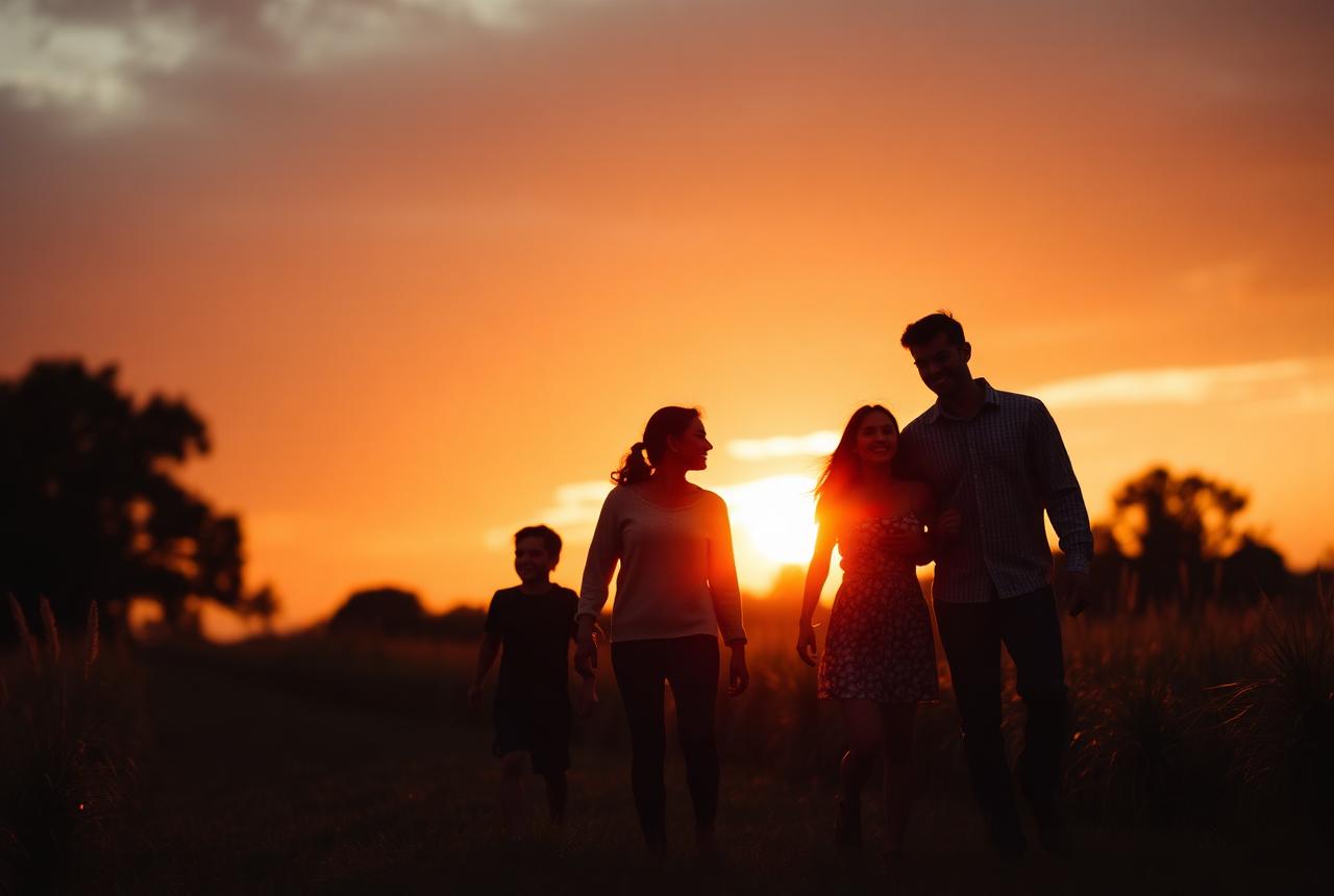Family walking together at golden hour